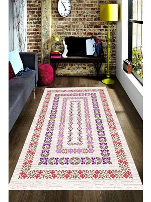 Resmiro Kaymaz Taban Yıkanabilir Çiçek Motif Eskitme Desenli Dijital Baskılı Halı