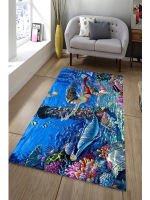 Resmiro Kaymaz Taban Yıkanabilir Deniz Kızları Ve Balıklar Dijital Baskılı Halı
