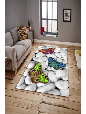 Resmiro Kaymaz Taban Yıkanabilir Taşlar Ve Kelebekler Dijital Baskılı Halı