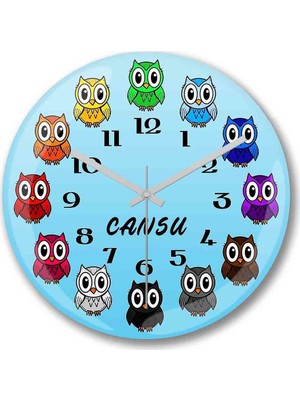 Baskı Dükkanı Kişiye Özel Bombeli Gerçek Cam Çocuk Odası Baykuş Temalı Duvar Saati