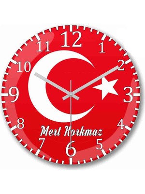 Baskı Dükkanı Kişiye Özel Bombeli Gerçek Cam Türk Bayrağı Duvar Saati