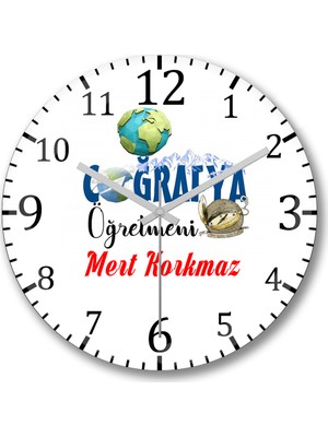 Baskı Dükkanı Kişiye Özel Bombeli Gerçek Cam Coğrafya Öğretmeni Duvar Saati