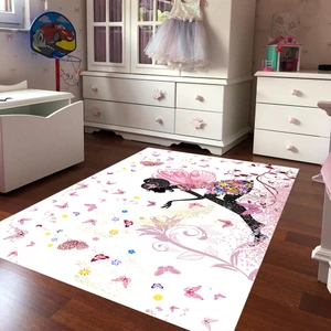 Kaymaz Taban Yıkanabilir Peri Kızı Ve Kelebek Desenli Dijital Baskılı Halı RSP78