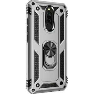 Xiaomi Redmi 8 Kılıf Çift Katmanlı Tank Yüzüklü Mıknatıslı Vega Kapak Gümüş