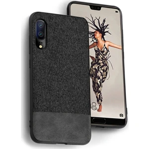 Huawei P20 Fabrik Serisi Kumaş ve Deri Desen Kılıf - Siyah