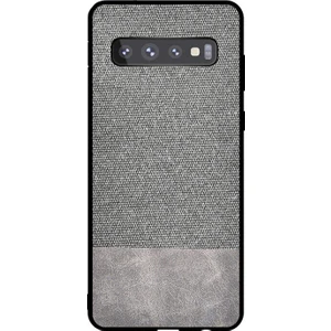 Samsung Galaxy S10 Fabrik Serisi Kumaş ve Deri Desen Kılıf - Gri