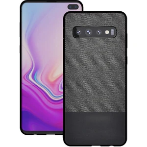 Samsung Galaxy S10 Plus Fabrik Serisi Kumaş ve Deri Desen Kılıf - Siyah