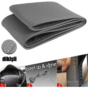 Toyota Corolla 2002 Sonrası İçin Dikme Direksiyon Kılıfı Delikli Mum İpli Gri Dikişli