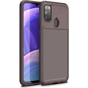 Tekno Grup Samsung Galaxy M30s Kılıf Karbon Desenli Lux Negro Silikon + Cam Ekran Koruyucu Kahverengi
