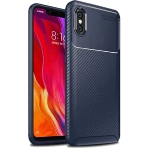Tekno Grup Xiaomi Mi 8 Pro Kılıf Karbon Desenli Lux Negro Silikon + Cam Ekran Koruyucu Lacivert