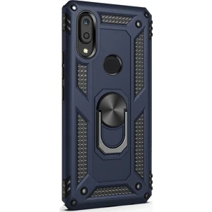 Samsung Galaxy M10s Kılıf Vega Standlı Yüzüklü Mıknatıslı + Nano Glass Lacivert