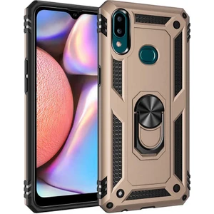 Tekno Grup Samsung Galaxy A10s Kılıf Çift Katmanlı Yüzüklü Manyetik Vega Kapak - Gold + Tam Kaplayan 6D Nano Ekran Koruyucu