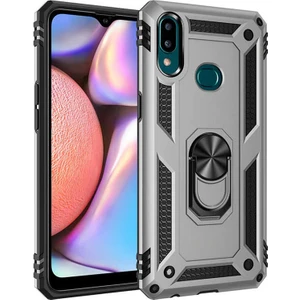 Tekno Grup Samsung Galaxy A10s Kılıf Çift Katmanlı Yüzüklü Manyetik Vega Kapak - Gümüş + Tam Kaplayan 6D Nano Ekran Koruyucu