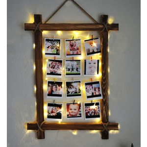 Doğal Ahşap Işıklı İpli Mandallı Dikdörtgen Fotoğraf Çerçevesi