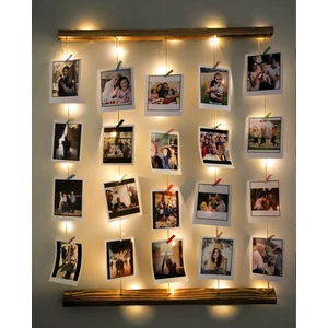 Doğal Ahşap Led Işıklı Jüt İpli Mandallı Fotoğraf Askısı