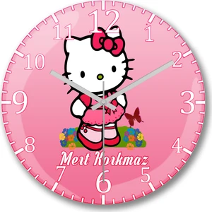 Baskı Dükkanı Kişiye Özel Bombeli Gerçek Cam Çocuk Odası Kız Hello Kitty  Duvar Saati