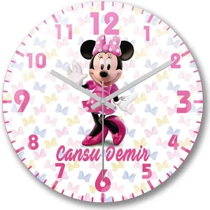 Baskı Dükkanı Kişiye Özel Bombeli Gerçek Cam Çocuk Odası Mini Mouse Duvar Saati