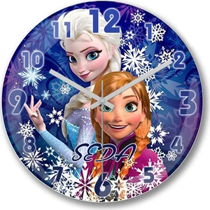Baskı Dükkanı Kişiye Özel Bombeli Gerçek Cam Elsa ve Anna Duvar Saati