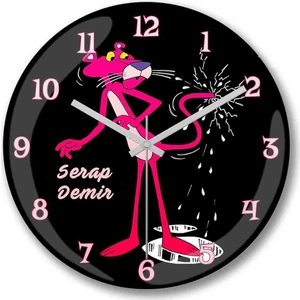 Baskı Dükkanı Kişiye Özel Bombeli Gerçek Cam Çocuk Odası Pembe Panter Duvar Saati