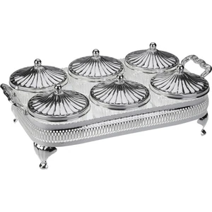 Gümüş-Cam 6lı Sunum Tepsili Kapaklı Kase Set 38X21
