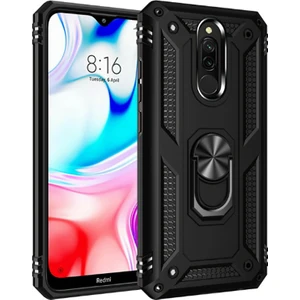 Tekno grup Xiaomi Redmi 8A Kılıf Çift Katmanlı Yüzüklü Manyetik Vega Kapak Siyah + Nano Ekran Koruyucu