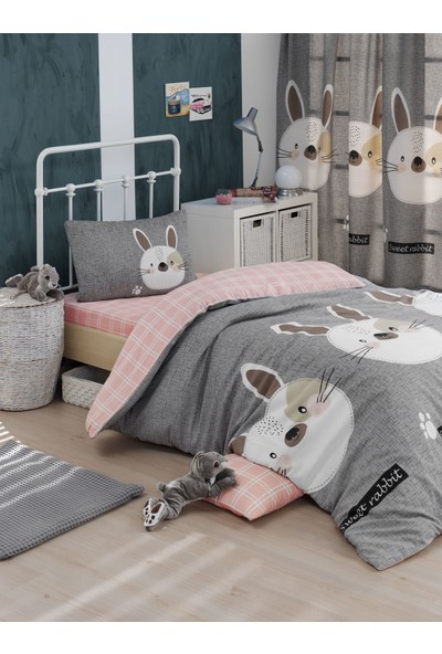 Eponj Home Kolay Ütülenir Nevresim Takımı Tek Kişilik Tavşancık A.Kahve-Gri-Pembe