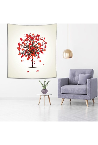 Henge Kırmızı Kalpli Ağaç Aşk Romantik Dekoratif Duvar Örtüsü