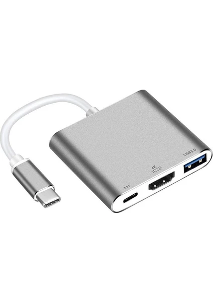 Multifunction 3in1 Type-C To USB 3.0 HDMI Dönüştürücü Adaptör - Gümüş