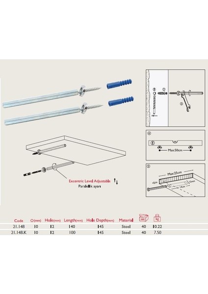 Gürçay Gizli Raf Bağlantı Çubuğu 10*100mm (2 Adet)