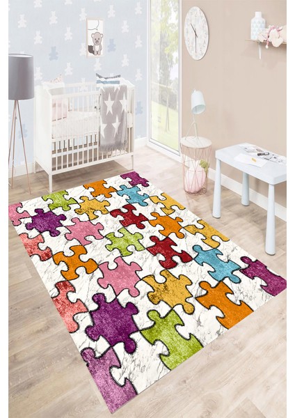 Kaymaz Taban Yıkanabilir Renkli Puzzle Desenli Dijital Baskılı Halı RSP1515