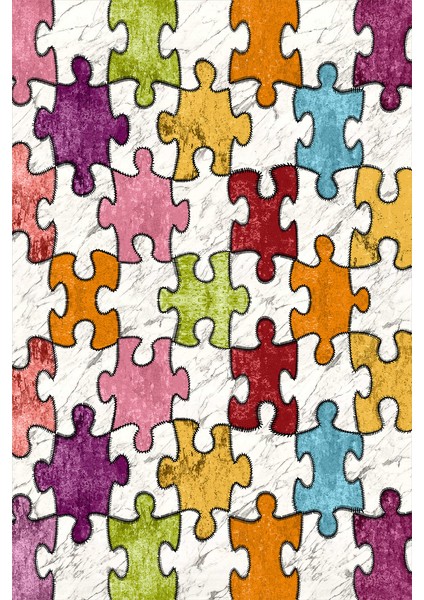Kaymaz Taban Yıkanabilir Renkli Puzzle Desenli Dijital Baskılı Halı RSP1515