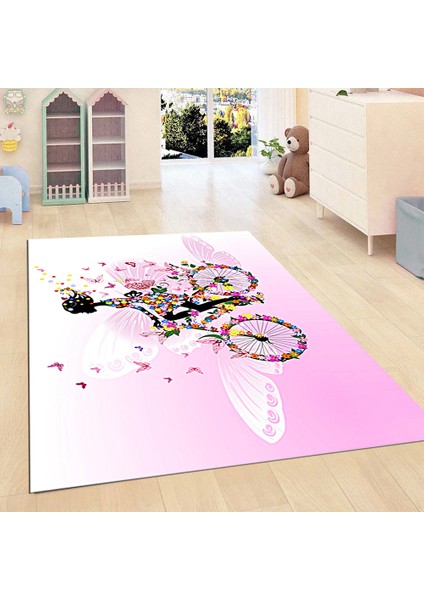 Kaymaz Taban Yıkanabilir Kelebek ve Çiçek Desenli Dijital Baskılı Halı RSP60