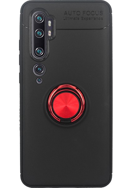 Case 4U Xiaomi Mi Note 10 Kılıf Autofocus Shockprof Ravel Yüzüklü Standlı Slikon Kapak Siyah Kırmızı