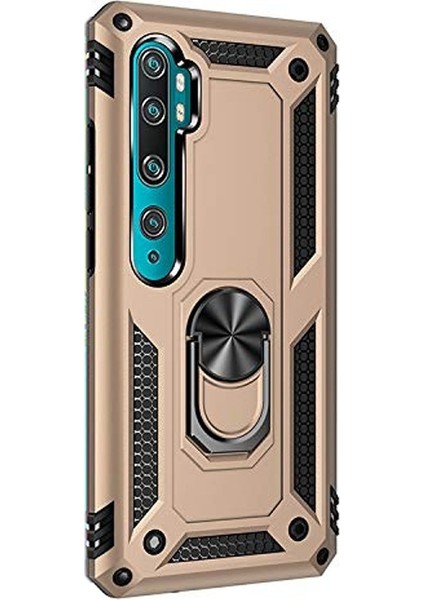 Xiaomi Mi Note 10 Kılıf Çift Katmanlı Tank Yüzüklü Mıknatıslı Vega Kapak Gold