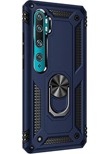 Xiaomi Mi Note 10 Kılıf Çift Katmanlı Tank Yüzüklü Mıknatıslı Vega Kapak Lacivert