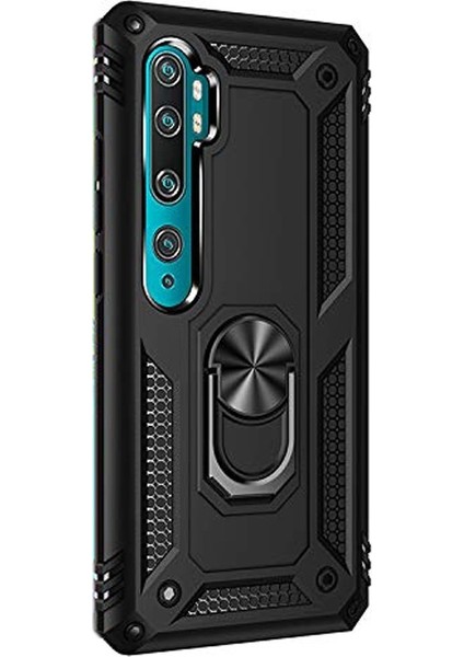 Xiaomi Mi Note 10 Kılıf Çift Katmanlı Tank Yüzüklü Mıknatıslı Vega Kapak Siyah