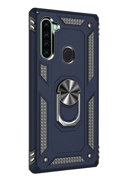 Teknogrup Xiaomi Redmi Note 8 Kılıf Çift Katmanlı Yüzüklü Manyetik Vega Kapak - Lacivert + Cam Ekran Koruyucu