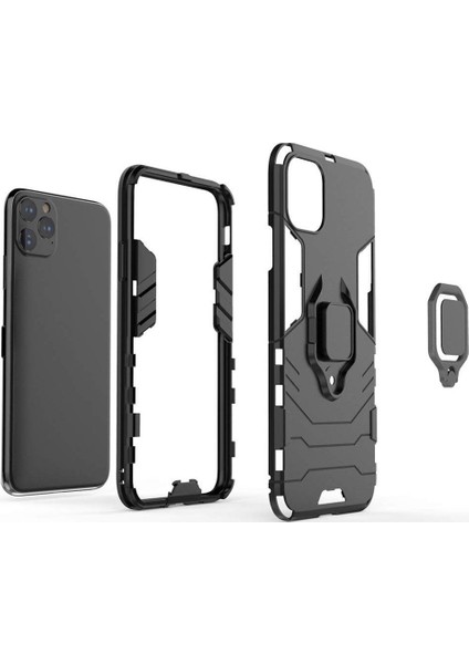 Apple iPhone 11 Pro Max Yüzük Standlı Armor Kılıf - Siyah