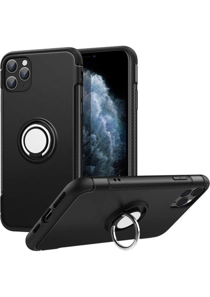 Apple iPhone 11 Pro Max Yüzük Standlı Armor Silikon Kılıf - Siyah