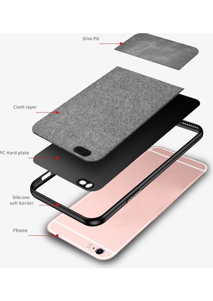 Apple iPhone 6 Plus/6S Plus Fabrik Serisi Kumaş ve Deri Desen Kılıf - Gri