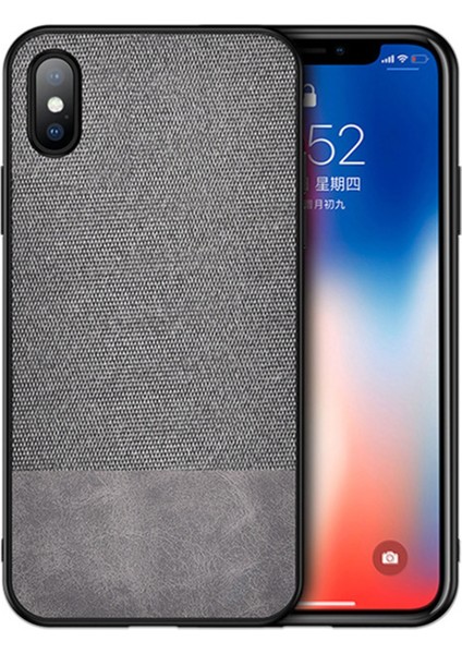 Apple iPhone X/XS Fabrik Serisi Kumaş ve Deri Desen Kılıf - Gri