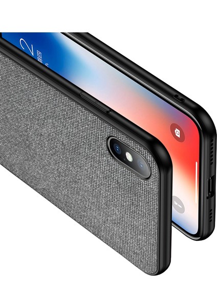 Apple iPhone X/XS Fabrik Serisi Kumaş ve Deri Desen Kılıf - Gri