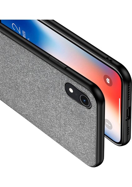 Apple iPhone XR Fabrik Serisi Kumaş ve Deri Desen Kılıf - Gri