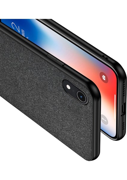 Apple iPhone XR Fabrik Serisi Kumaş ve Deri Desen Kılıf - Siyah