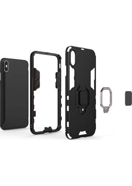 Apple iPhone XS Max Yüzük Standlı Armor Kılıf - Siyah