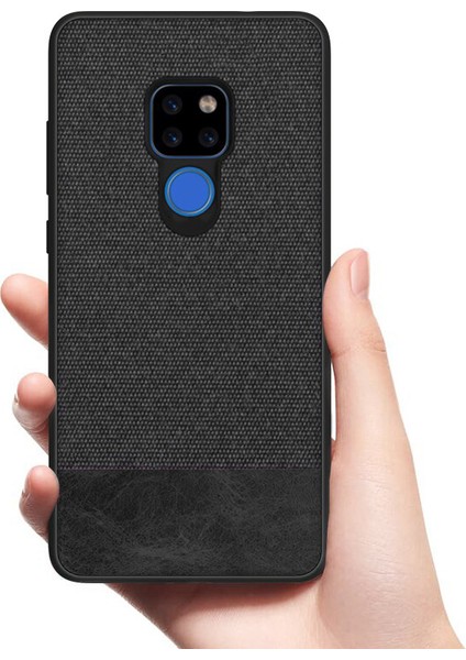 Huawei Mate 20 Fabrik Serisi Kumaş ve Deri Desen Kılıf - Siyah