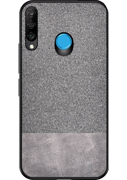 Huawei P30 Lite Fabrik Serisi Kumaş ve Deri Desen Kılıf - Gri