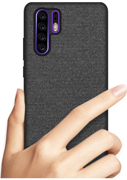 Huawei P30 Pro Fabrik Serisi Kumaş ve Deri Desen Kılıf - Siyah