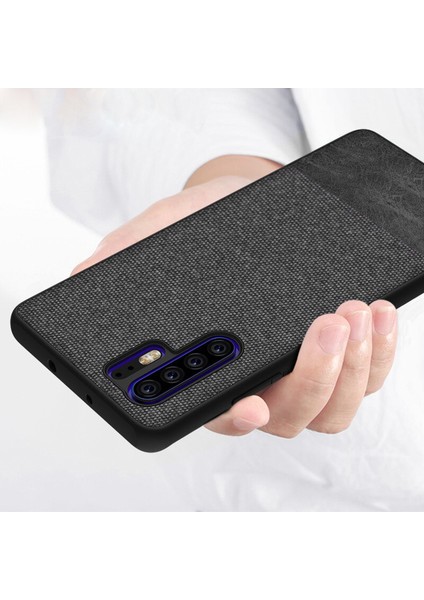 Huawei P30 Pro Fabrik Serisi Kumaş ve Deri Desen Kılıf - Siyah