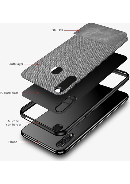 Huawei Y9 Prime 2019 Fabrik Serisi Kumaş ve Deri Desen Kılıf - Gri indirimleri